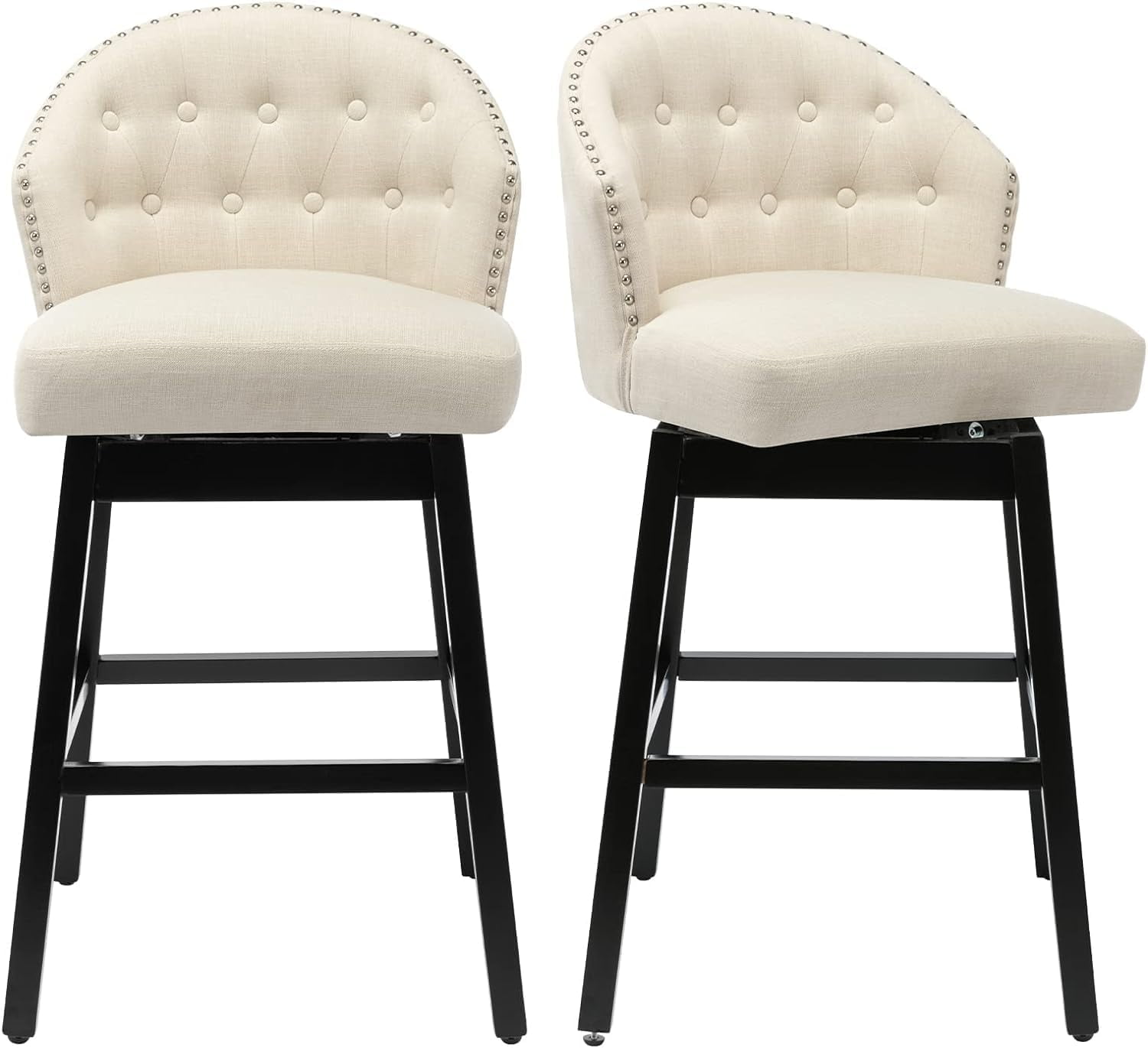 Set Of 4 Modern Counter Height Bar Stools – Solid Wood, Linen Upholstery, 26 Inch Seat