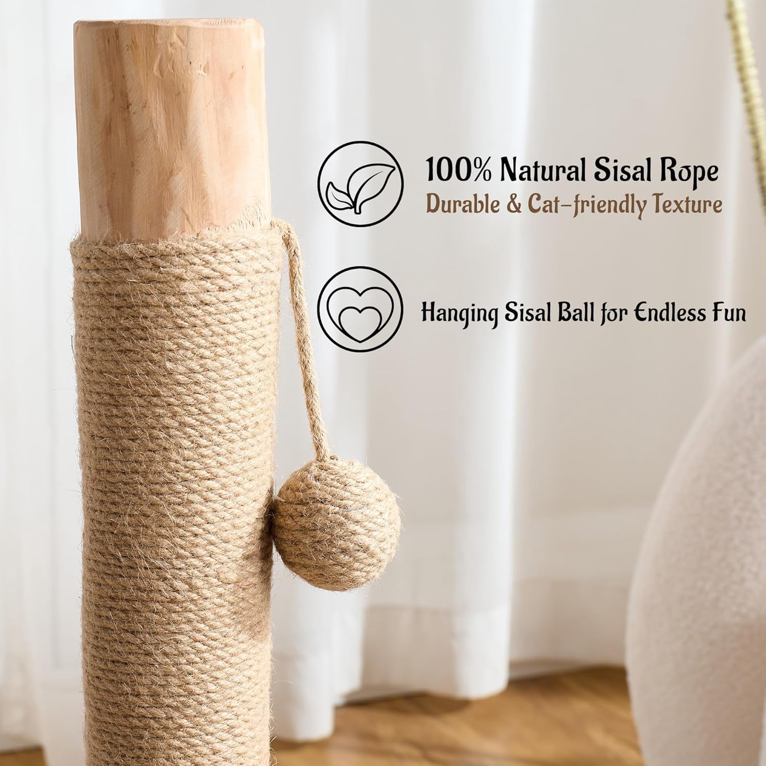 29 Inch Tall  Scratching Post for Indoor Cats Adults, -Stable Natural Solid Wood Sisal Scratcher with Hanging Ball Toy, Beige
