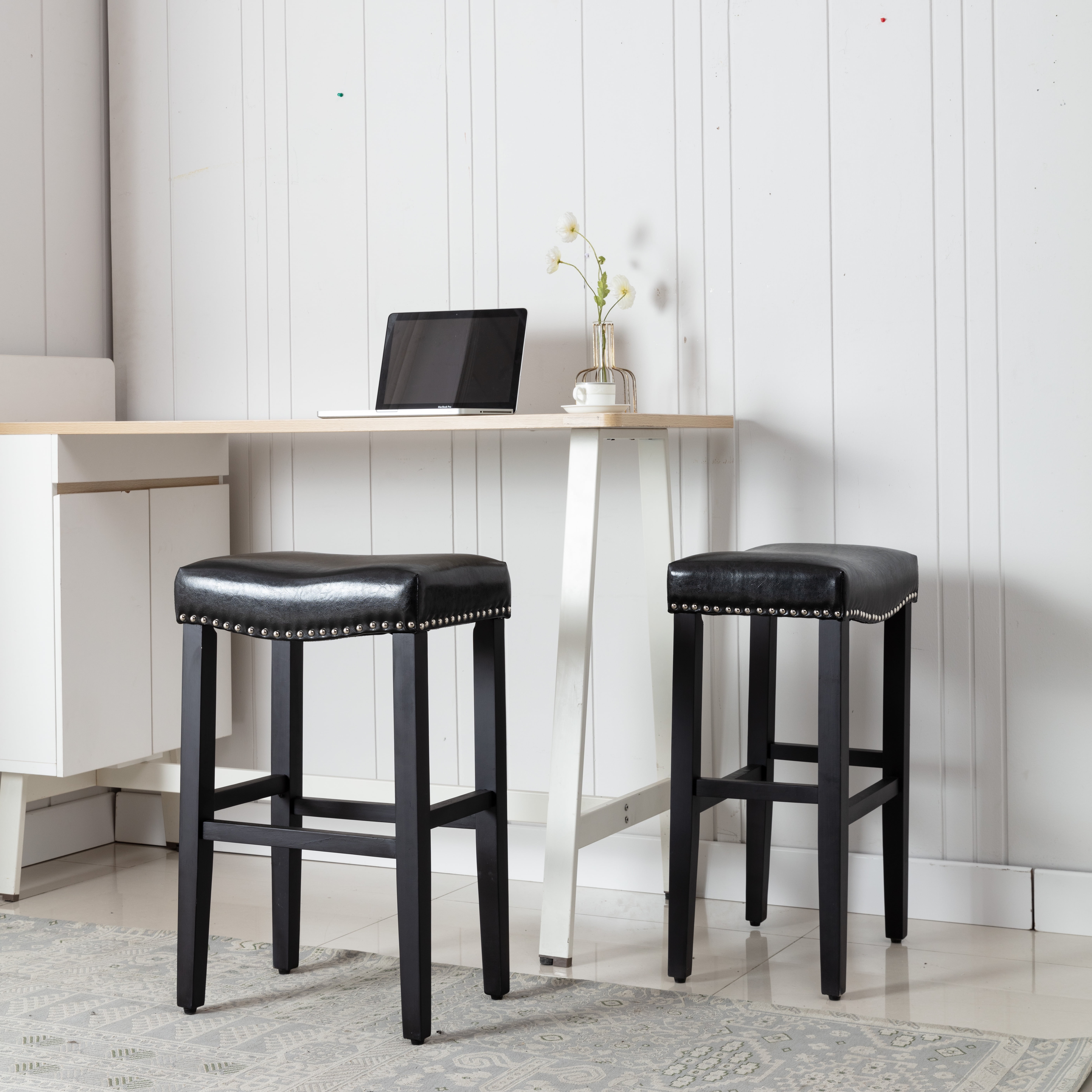 29 Inch Upholstered Backless Saddle Seat Counter Stool Black Leather Walmart