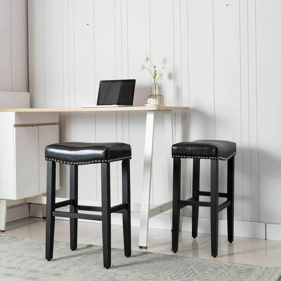 29" Inch Upholstered Backless Saddle Seat Counter Stool, Black/Leather