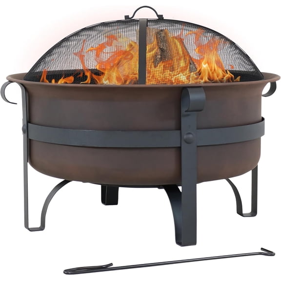 29-Inch Wood-Burning Outdoor Fire Pit - Bronze Cauldron Wood Fire Pit for Outside - Includes Poker and Spark Screen