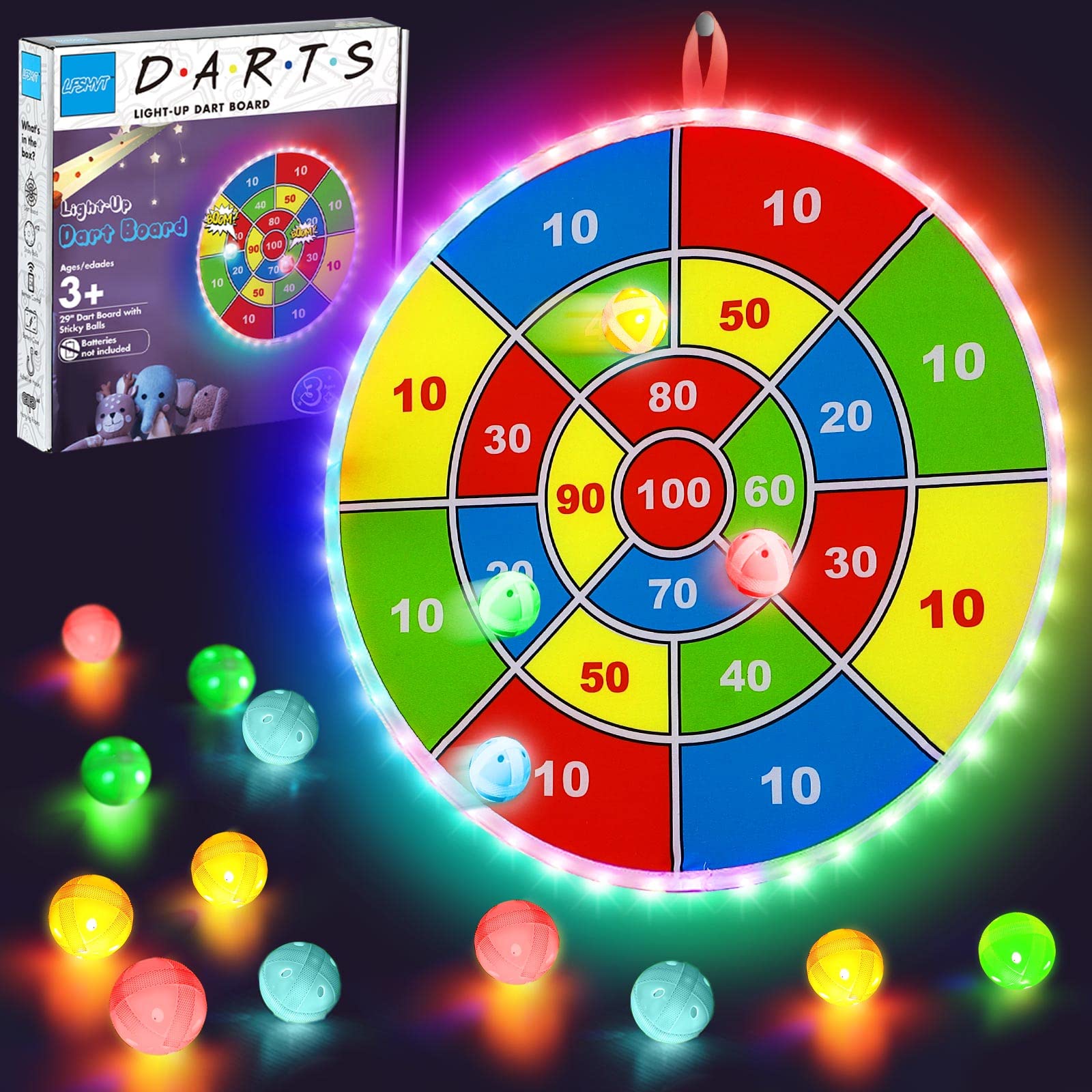 29" LED Light Up Dart Board for Kids with LED Sticky Balls, APP Control