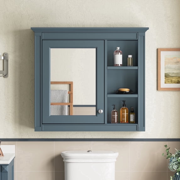 29" Medicine Cabinet, Bathroom Wall Mounted Cabinet with Adjustable Shelves,Open Storage and Mirror, Modern Wood over Toilet Organizer for Living Room