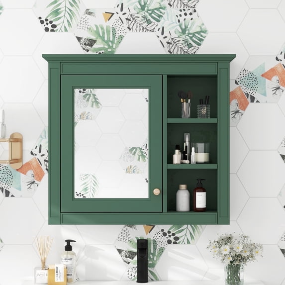 Pusnapku 29" Medicine Cabinet with Mirror, Modern Bathroom Wall Mounted Cabinet with Adjustable Shelves,Open Storage, Wood over The Toilet Organizer