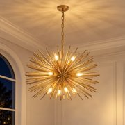 29" Mid-Century Modern 12-Light Starburst Chandelier   Gold Sputnik Pendant Light Fixture for Living Room, Dining Room, or Foyer Bulb Not Included
