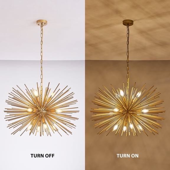 29” Mid-Century Modern 12-Light Starburst Chandelier - Gold Sputnik Pendant Light Fixture