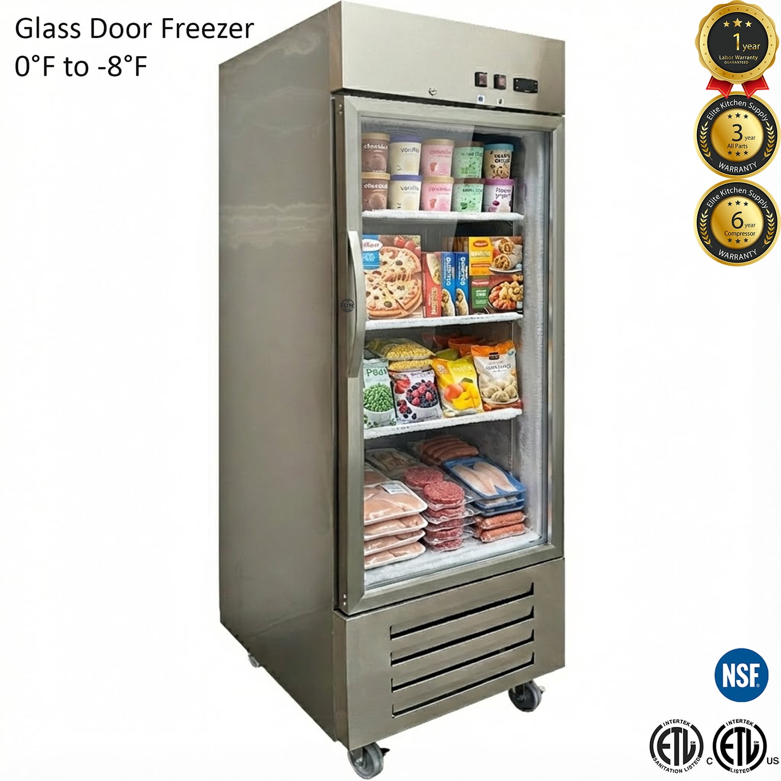 29" NSF Stainless Steel Glass Door Commercial Freezer | 18 Cu.Ft Display Freezer | R290 Refrigerant, LED Lighting, Digital Control | 115V Commercial Merchandiser Freezer