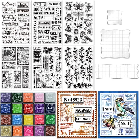 29 Pcs Acrylic Stamps for Crafting Card Making Supplies Set Include 3 Acrylic Clear Stamp Blocks 6 Clear Silicone Stamps Seals 20 Craft Ink Pads Stamp for DIY Scrapbooking Journal DIY