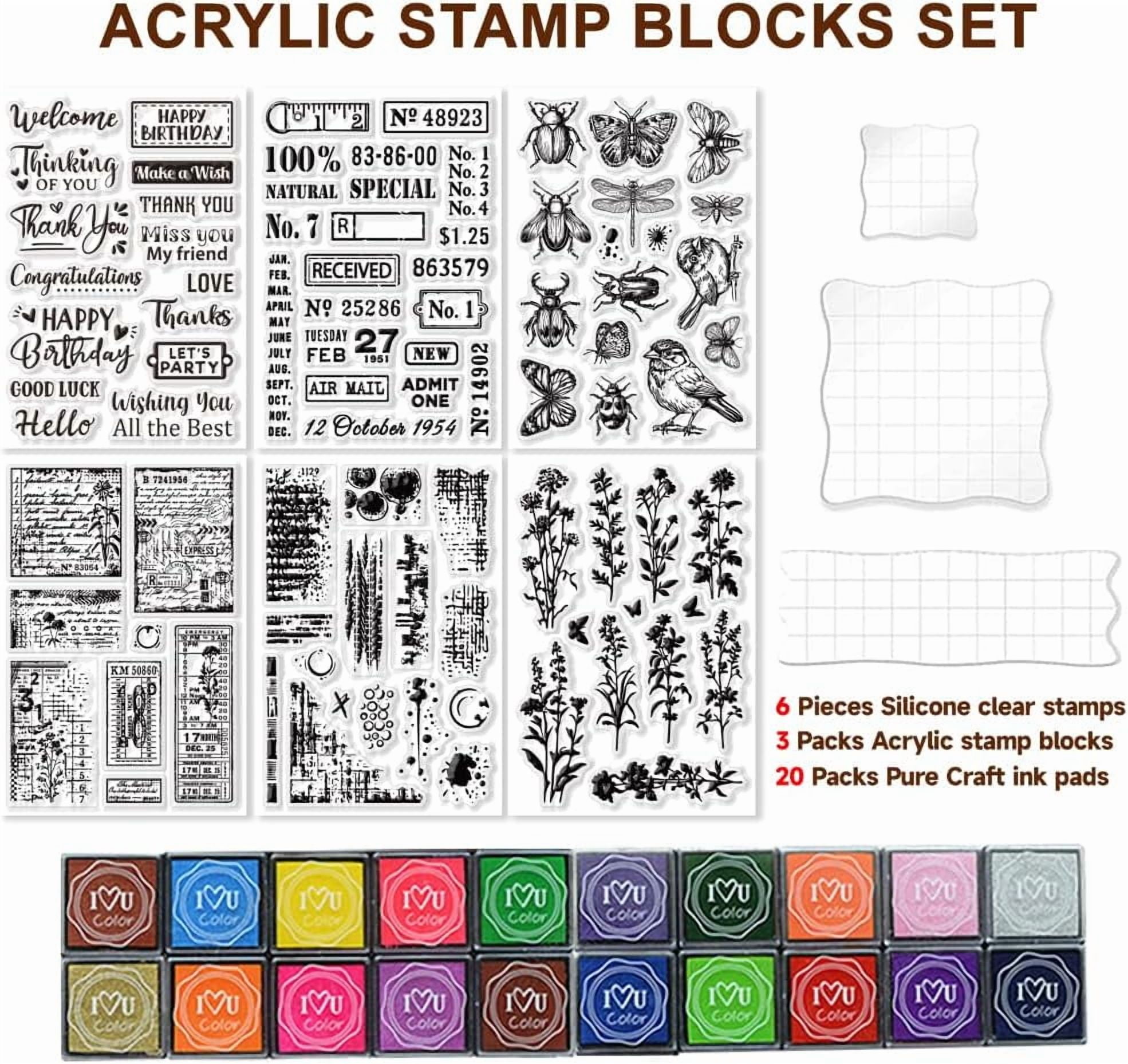 29 Pcs Acrylic Stamps for Crafting Card Making Supplies Set Include 3 Acrylic Clear Stamp Blocks 6 Clear Silicone Stamps Seals 20 Craft Ink Pads Stamp for DIY Scrapbooking Journal
