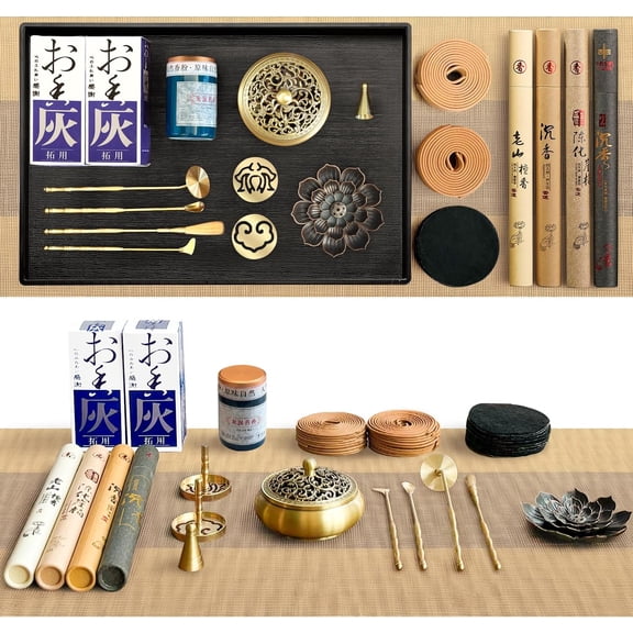 29 Pcs Brass Powder Incense Burner Kit, Incense Making Kit, Incense Powder with Incense Stick Holder(Stick/Cone/Coil Incense) Ash Catcher Tray As Gift for Yoga and Meditation (Glod)