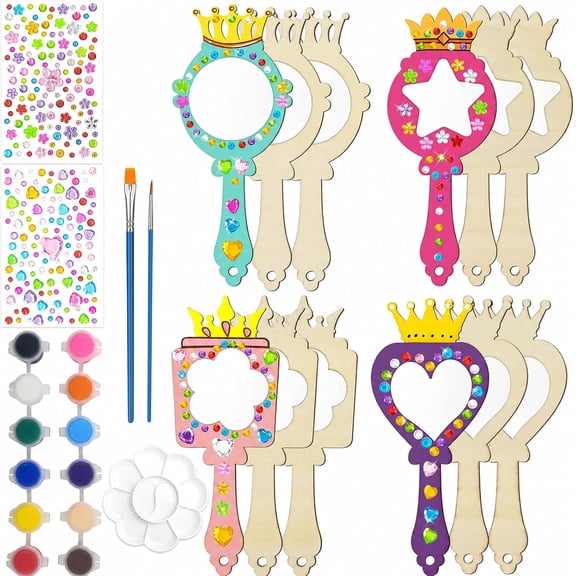 29 Pcs DIY Mirror Craft Supplies Set for Adults, Wooden Cutout Mirror Decor Kit with Paints Brushes Palette Rhinestones for Birthday, Tea Party & Easter Activities