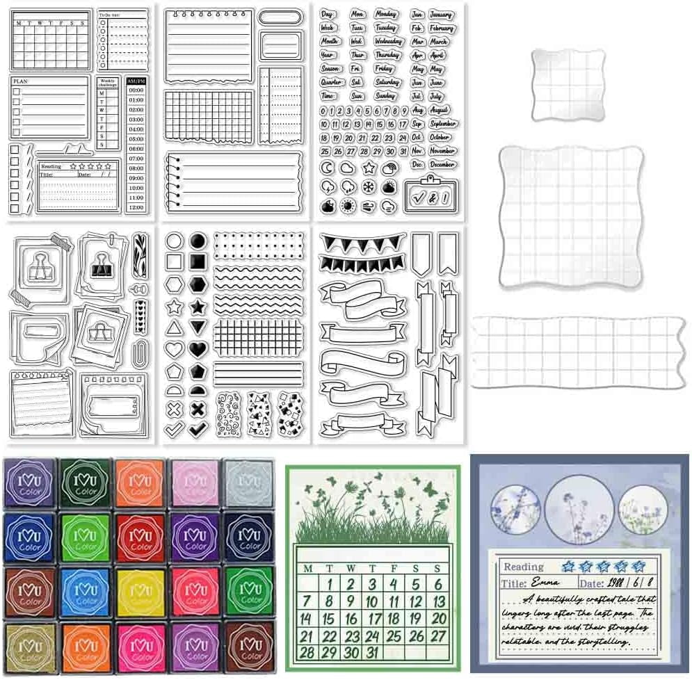 29 Pcs Journal Stamps for Crafting Card Making Supplies Set Include 3 Acrylic Clear Stamp Blocks 6 Clear Silicone Stamps Seals 20 Craft Ink Pads Calendar Planner Stamp for DIY