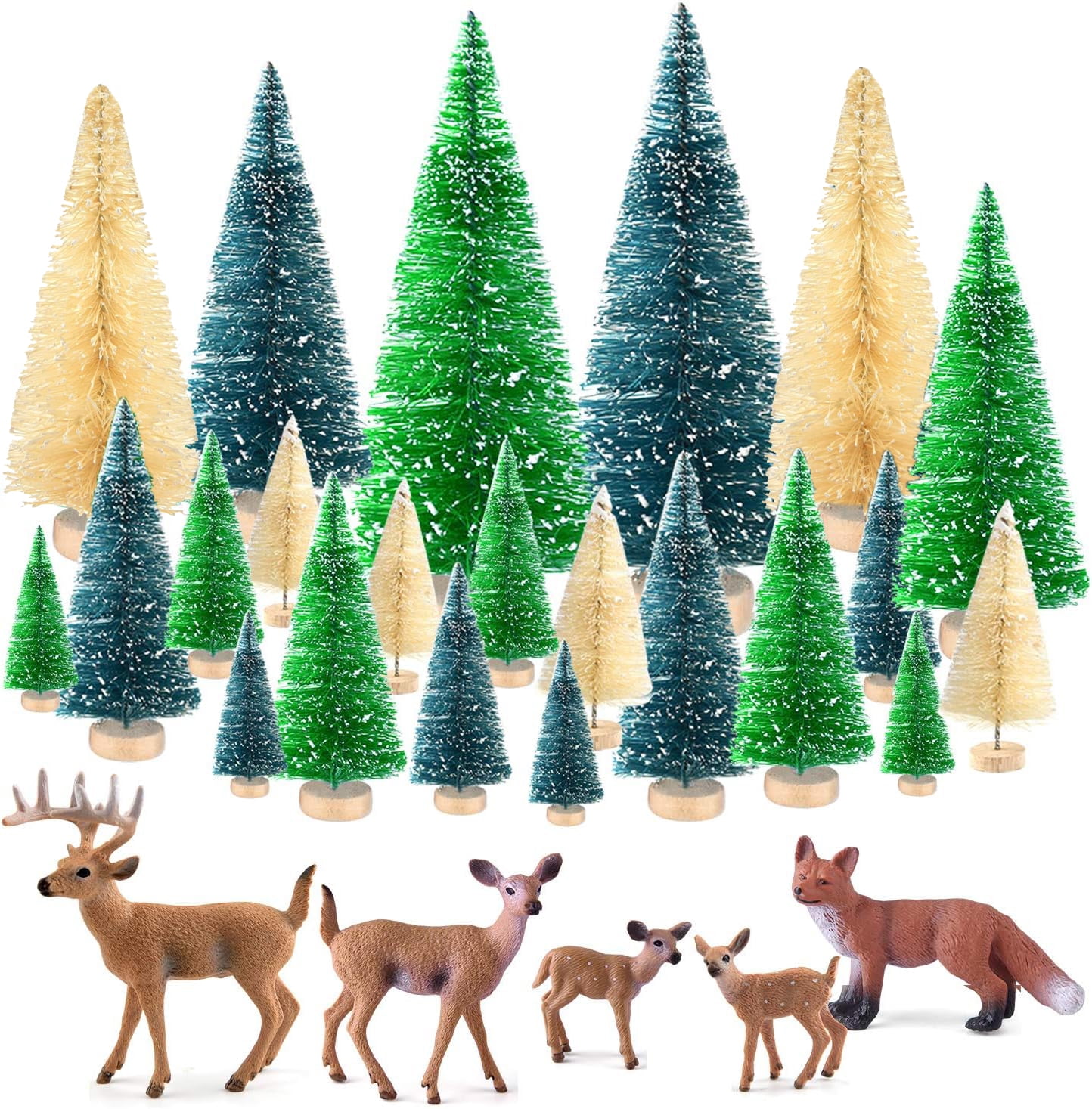 29 Pcs Mini Sisal Trees, Snow Frost Trees with Miniature Figures Woodland Animals Deer Fox, Table Top Crafts DIY Room Decor Mini Christmas Village Decoration, Small Size Trees