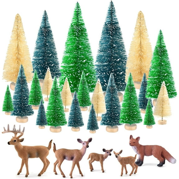 29 Pcs Mini Sisal Trees, Snow Frost Trees with Miniature Figures Woodland Animals Deer Fox, Table Top Crafts DIY Room Decor Mini Christmas Village Decoration, Small Size Trees