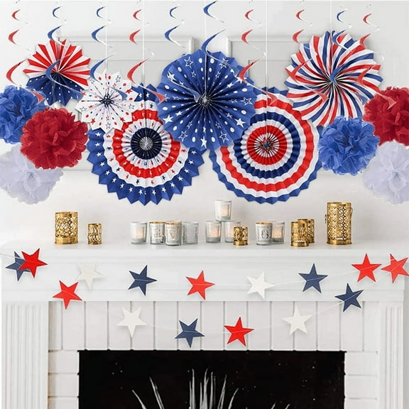 29 Pcs Set, Red White Blue Patriotic Paper Decoration Kit, Fourth Of July Independence Day Celebration Decorations For Family Indoor Outdoor Events