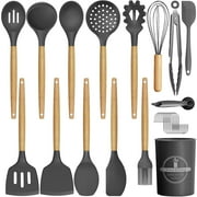 29 Pcs Silicone Kitchen Utensil Set, Cooking Utensils Set, Food Grade Silicone Spatula Set, BPA-Free, 446°F Heat Resistant Kitchen Gadgets Tools Set with Wooden Handle for Non-Stick Cookware, Gray
