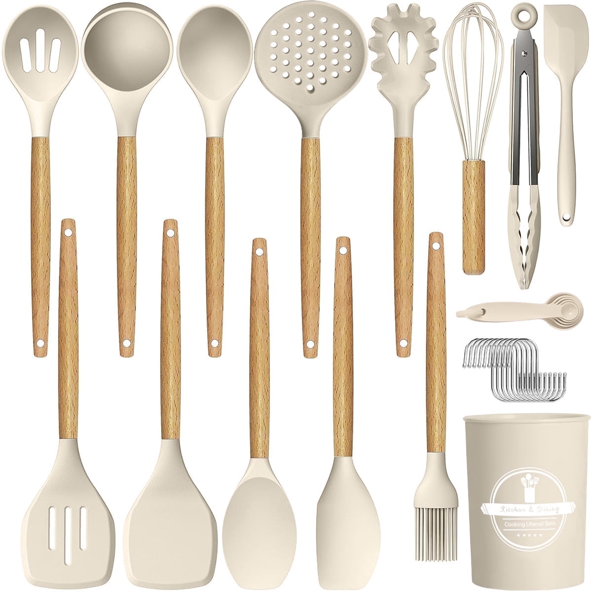 GPED 29 Pcs Silicone Kitchen Utensil Set, Cooking Utensils Set with Wooden Handle, Food Grade Silicone Spatula Set, BPA-Free, 446°F Heat Resistant Kitchen Gadgets Tools Set, White