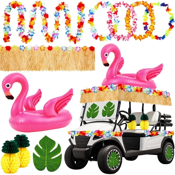 29 Pcs Summer Tropical Golf Cart Parade Decorations Tropical Flower Leis Tinsel Garland Grass Fringe Banner Inflatable Flamingo Tube Paper Pineapples Leaves for Luau Party Supplies