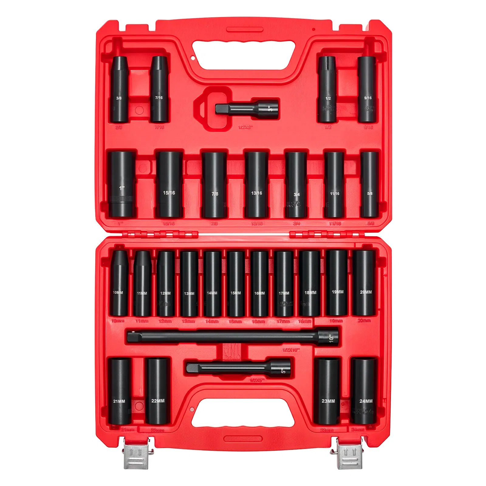 29-Piece 1/2" Drive Impact Socket Set,6-Point Deep SAE(3/8" to 1")and Metric(10mm to 24mm)Sockets with Extension Bars,Cr-V Steel,Heavy-Duty Case