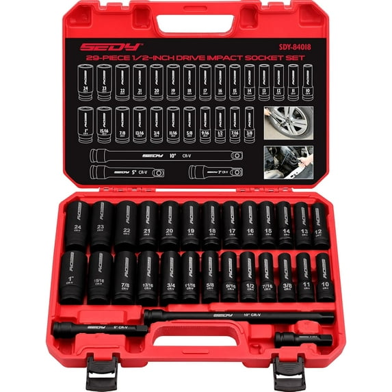 29-Piece 1/2" Drive Impact Socket Set, SAE (3/8 to 1 inch) and Metric (10-24mm) Sizes with Extension Bars Standard Deep Socket Set CR-V Material High Durability Impact Wrench