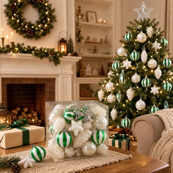 29-Piece Green Christmas Ball Ornaments, Coordinated Holiday Hanging Decoration Set for Christmas Tree, Wreath and Garland Decorating at Home