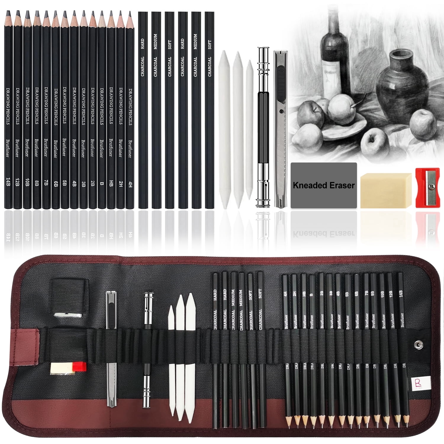 29-Piece Professional Sketching & Drawing Art Set - Complete Kit with 14 Graphite Pencils, 6 Charcoal Pencils, Blending Stumps, and Accessories for Artists
