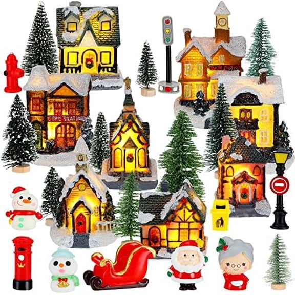 29 Pieces Christmas Village Set LED Lighted Houses for Christmas Village Xmas Scene Figurines Decoration Crafted Poly Resin Collectables for Holiday Party Decor$$Home Decor, Kitchen, & Other