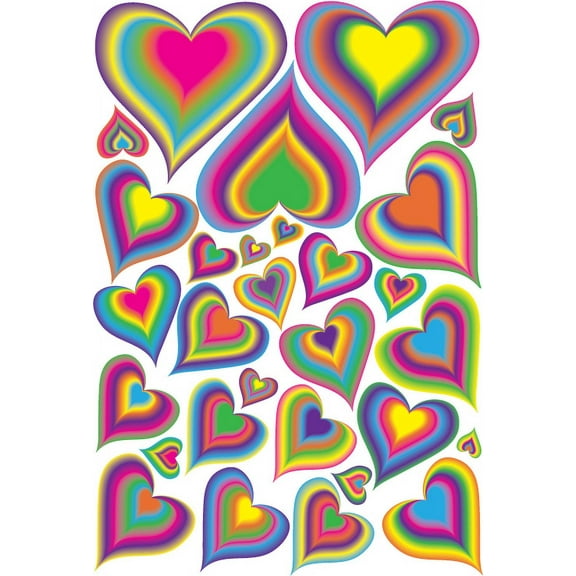 29 Rainbow Heart Wall Decals Stickers Rainbow Colored Room Decor on One 18in. by 24in. Sheet.