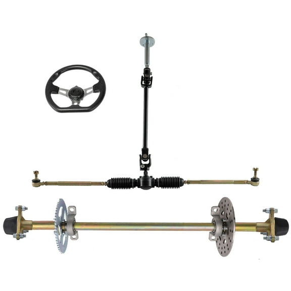 29" Rear Live Axle Kit with T8F Chain Sprocket, Brake Assembly, 3 Stud Wheel Hubs, Front Steering Wheel Shaft Gear Rack Pinion for DIY Go Kart Quad, Drift Trike, Go Carts, ATV, Buggy