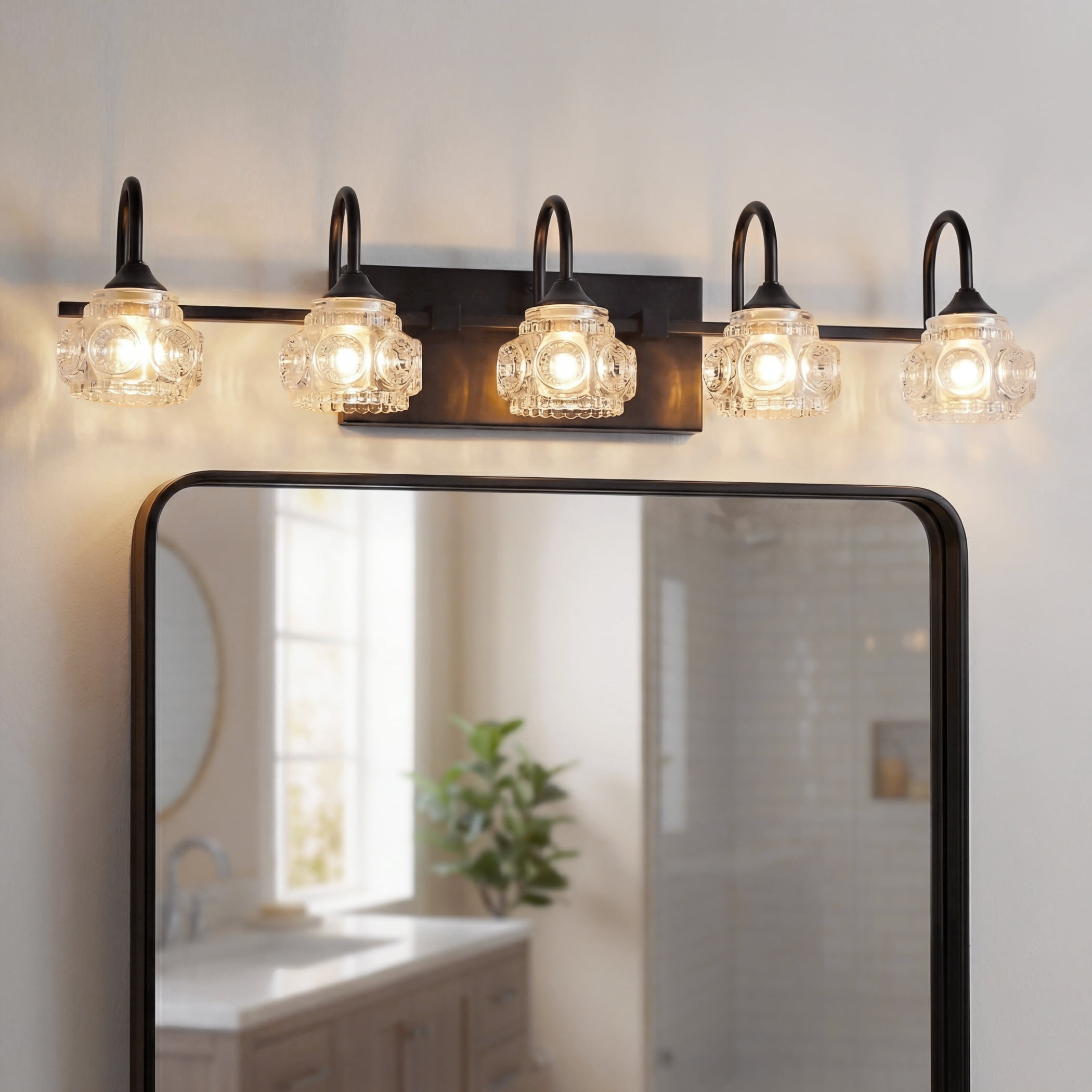 29" Retro 5-Light Bathroom Vanity Light – Black Bathroom Light Fixture with Crystal Glass Shades, Wall Mounted Vanity Lights for Bathroom, Powder Room, Mirror, Hallway (Bulbs Not Included)