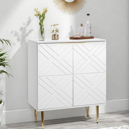 29" Sideboard Buffet Cabinet with 2 Doors,Modern Small Storage Cabinet with Gold Metal Legs, Adjustable Shelves, White