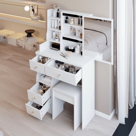 29" Space Saving Small Vanity Desk, Makeup Desk with Mirror with Sliding Panel, Minimalist Makeup Vanity Table with Storage for Daily Grooming, White
