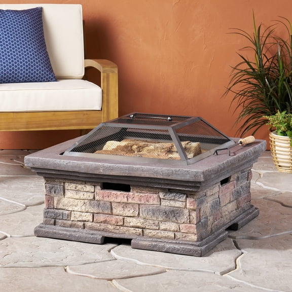 29 Inch Square MGO Wood Burning Fire Pit, Outdoor Faux Stone Firepit with Mesh Spark Screen & Fire Poker for Patio Backyard Garden