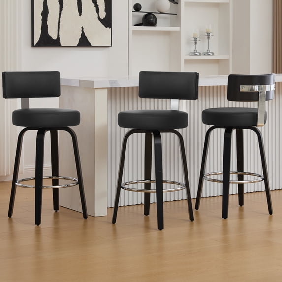 29"Swivel Counter Height Bar Stools Set of 3, Upholstered Modern Faux Leather Barstools with Back&Walnut Wood Legs Counter Stools with Footrestfor Kitchen Island, Black