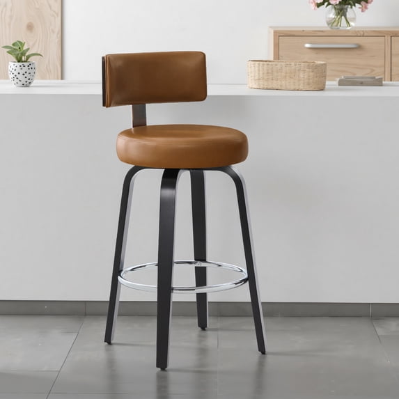 29"Swivel Counter Height Bar Stools, Upholstered Modern Faux Leather Barstools with Back&Walnut Wood Legs Counter Stools with Footrestfor Kitchen Island, Brown
