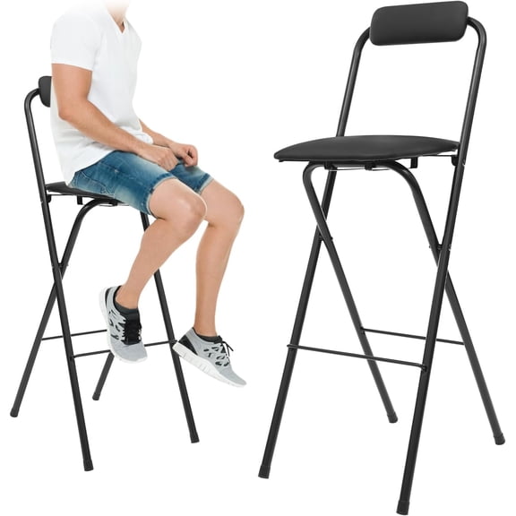 29" Tall Folding Bar Stool with Cushioned Seat and Backrest, Portable for Kitchen, Living Room, Garden, Camping Black