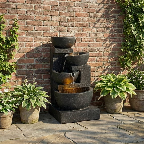 29'' Terrazzo Style LED Outdoor Indoor Water Fountain with Cascading Bowls & Stacked Stones – 4-Tier Ideal Waterfalls for Gardens,Patios to Create a Serene Retreat in Outdoor Living Areas,Black