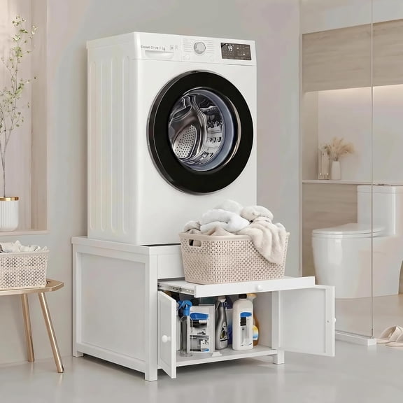 29" Universal Washer & Dryer Pedestal Stand, Metal Laundry Pedestal with Pull-Out Shelf & Storage, 770 lbs Capacity, White 