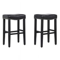 Costaelm Bulmon 29" Upholstered Counter Stools with Nail Head Trim (Set of 2), Black/Leather