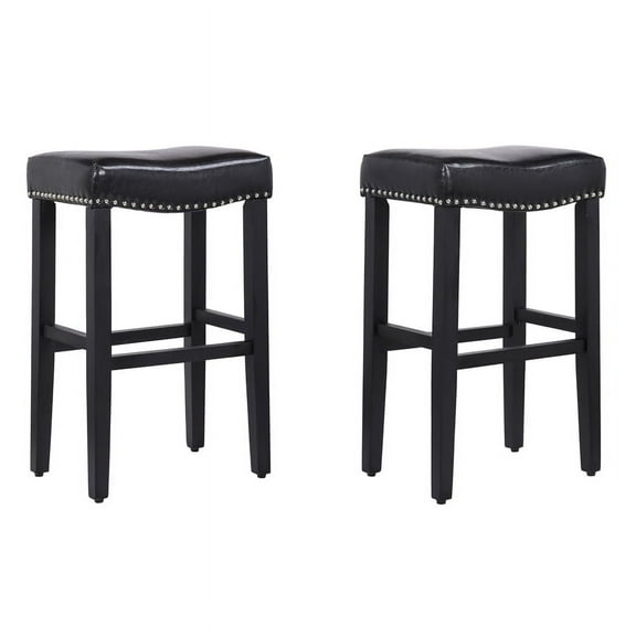 Costaelm Bulmon 29" Upholstered Counter Stools with Nail Head Trim (Set of 2), Black/Leather