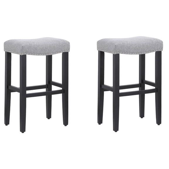 Costaelm Bulmon 29" Upholstered Counter Stools with Nail Head Trim (Set of 2), Black/Gray