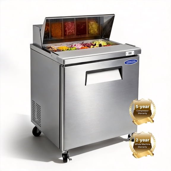 29" W Commercial Sandwich Salad Prep Table Refrigerator for Restaurant Bar Shop, Stainless Steel Sandwich Prep Table with 8 Pans, 8 Cu.Ft Capacity, Auto Defrost, Digital Temp Control, Low Noise