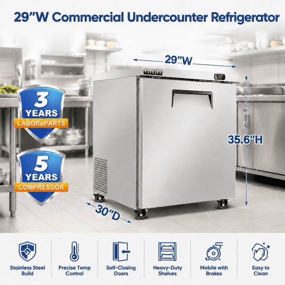 29" W Commercial UnderCounter Refrigerator, 7.3 Cu.ft, 1 Door,Stainless Steel Worktop Undercounter Fridge for Restaurant, Diners