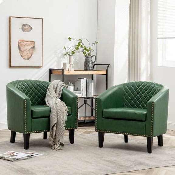 29" W Faux Leather Barrel Chairs Set of 2, Modern PU Upholstered Tufted Club Chairs with Nailhead Trim, Small Armchairs Accent Chairs for Living Room Bedroom Apartment Lounge Nursery, Green