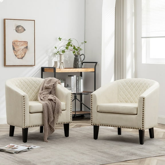 29" W Faux Leather Barrel Chairs Set of 2, Modern PU Upholstered Tufted Club Chairs with Nailhead Trim, Small Armchairs Accent Chairs for Living Room Bedroom Apartment Lounge Nursery, Cream
