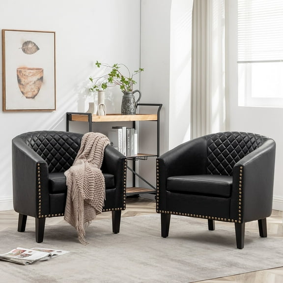 29" W Faux Leather Barrel Chairs Set of 2, Modern PU Upholstered Tufted Club Chairs with Nailhead Trim, Small Armchairs Accent Chairs for Living Room Bedroom Apartment Lounge Nursery, Black
