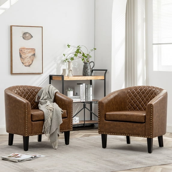 29" W Faux Leather Barrel Chairs Set of 2, Modern PU Upholstered Tufted Club Chairs with Nailhead Trim, Small Armchairs Accent Chairs for Living Room Bedroom Apartment Lounge Nursery, Coffee