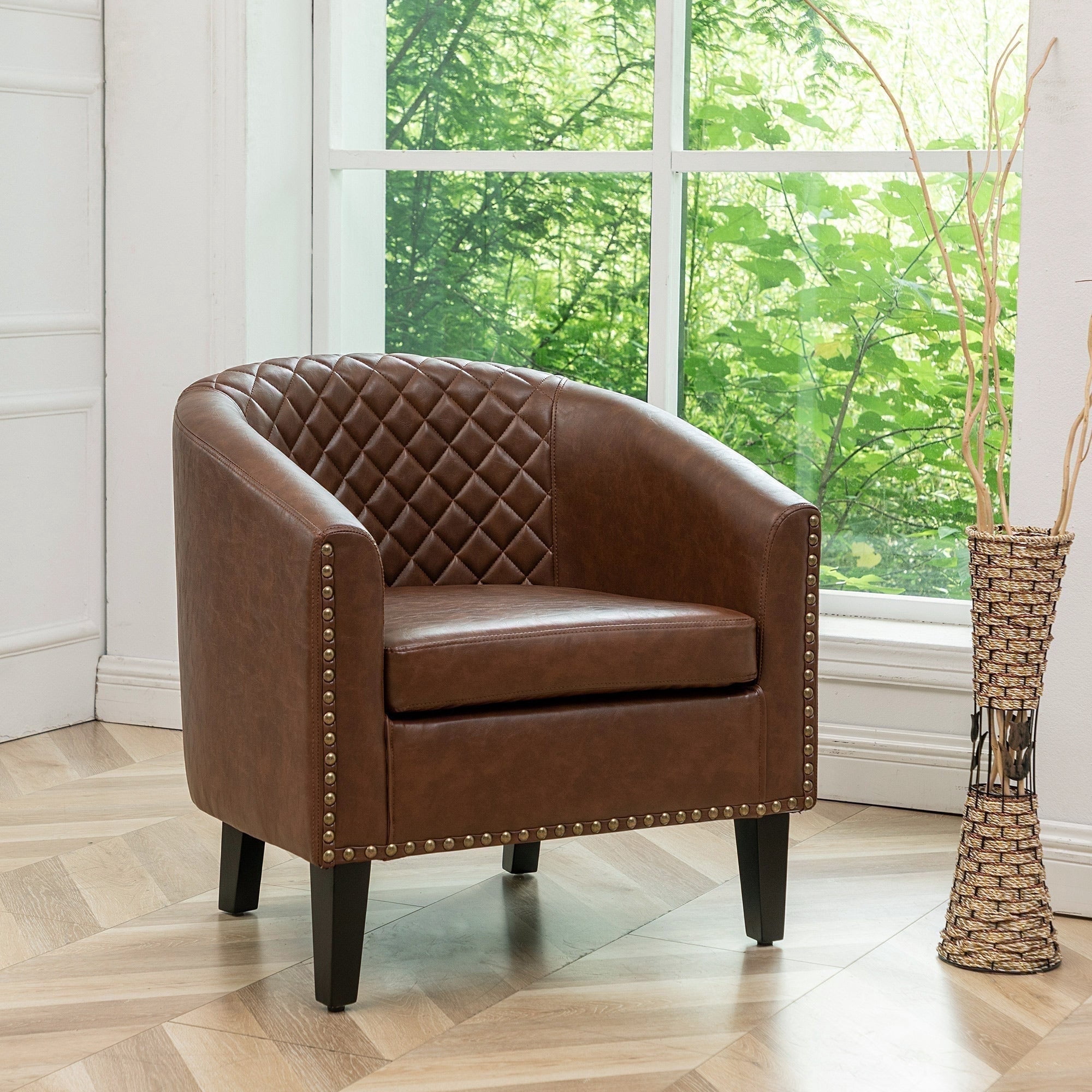 29" W Modern Faux Vegan Leather Barrel Chair, PU Upholstered Tufted Accent Club Chairs with Nailhead Trim, Small Armchair for Living Room Bedroom Apartment Lounge Nursery, Brown