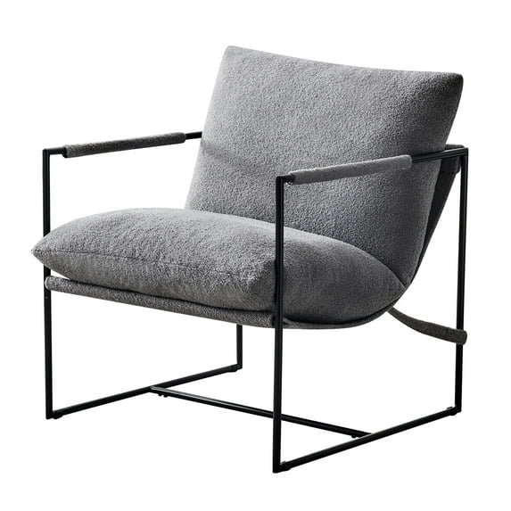 Falvinoryn 29" Wide Modern Sling Accent Chair, Upholstered Soft Armchair with Foam Cushioning, Metal Framed Living Room Chair, Faux Fur-Grey