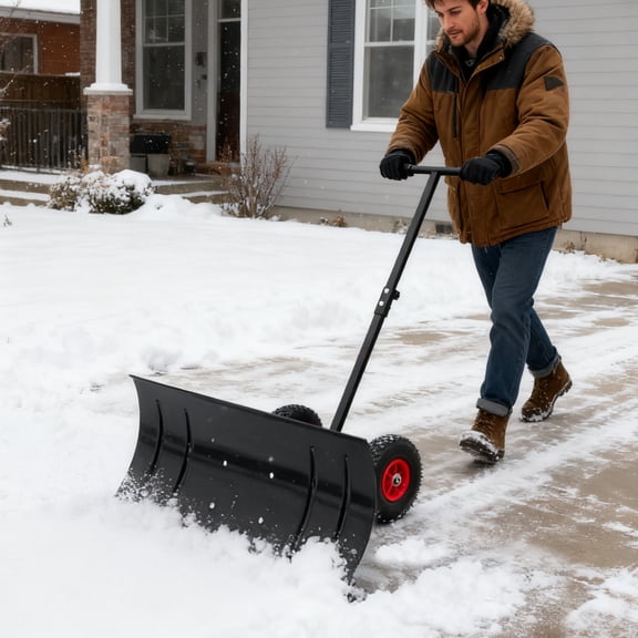 29" Wide Snow Pusher Shovel with Anti Slip Tires, Heavy Duty Snow Pusher with Adjustable Angle and Height Handle and PE Blade, Ergonomic Single Rod Snow Shovel for Driveway Snow Removal, Black